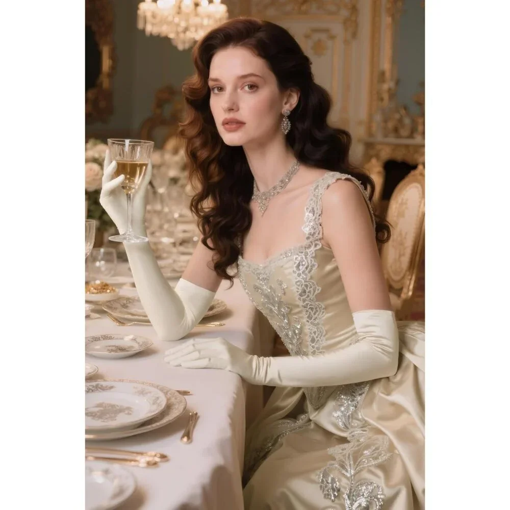 Women's Champagne Vintage Satin Long Gloves Party Costume Stretchy Elbow Length